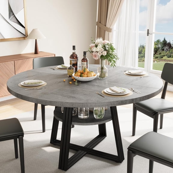 JoanKaren 47.2" Farmhouse Round Dining Table,Circle Dining Table for Kitchen Dining Room,Storage and Metal Square Legs,Grey