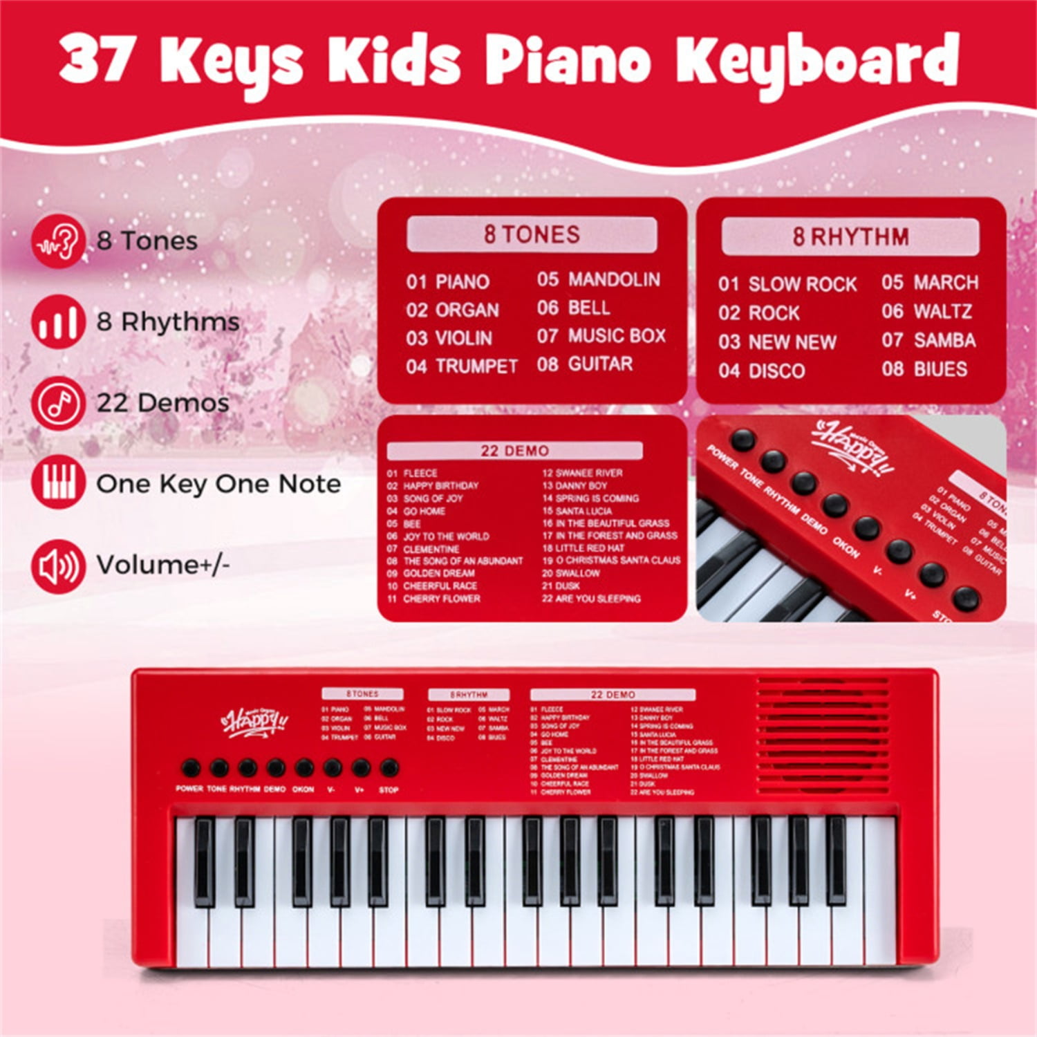 Red 37 Keys Kids Electronic Keyboard with Microphone, 8 Tones & 8 Rhythms Piano Toy for Ages 3+