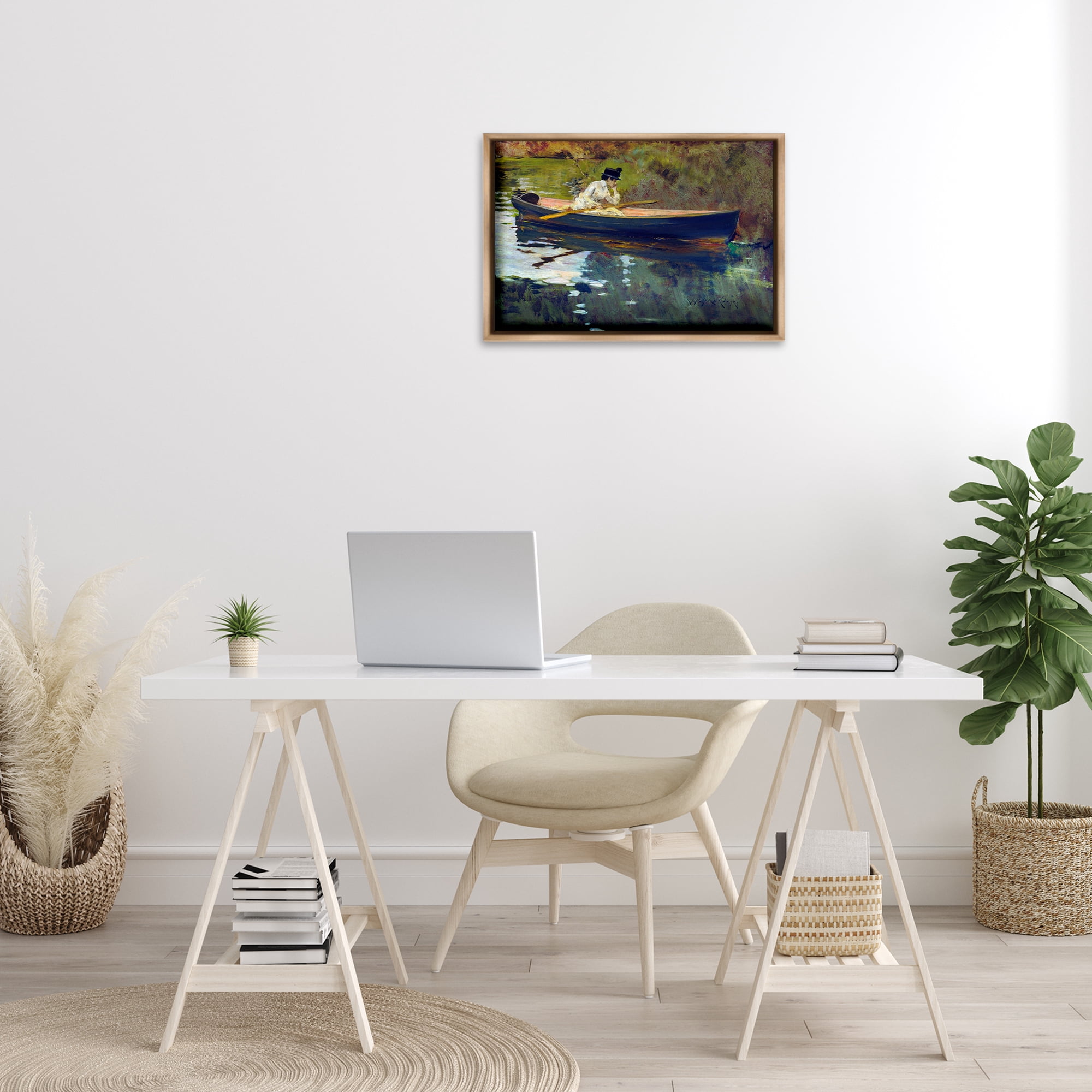 Stupell Industries Thoughtful Woman on Canoe Novelty Painting Brown Floater Framed Art Print Wall Art, 25 x 17