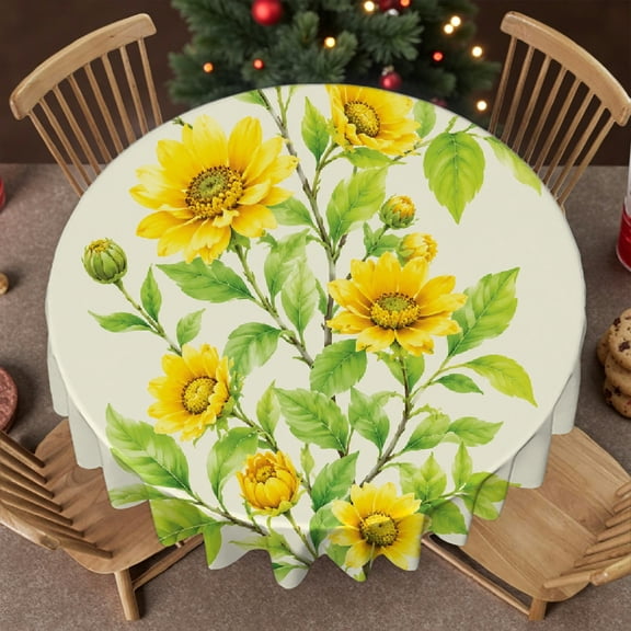 RKSupls 60 Inch Yellow Blossoms On A Branch Stain Resistant & Washable Decor, Machine-Made - Holiday-Themed Design Polyester Round Table Cover, Wedding, Party, Holiday, Home Dining