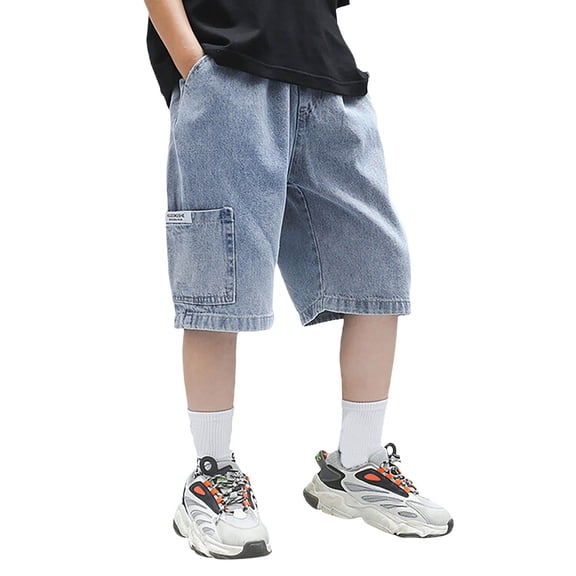 Mercatoo Girls Baggy 𝐁ermuda Denim Shorts Loose Elastic Waist Wide Leg Jean Shorts Kid Boy Girl Summer Casual Pocket Washed Jorts