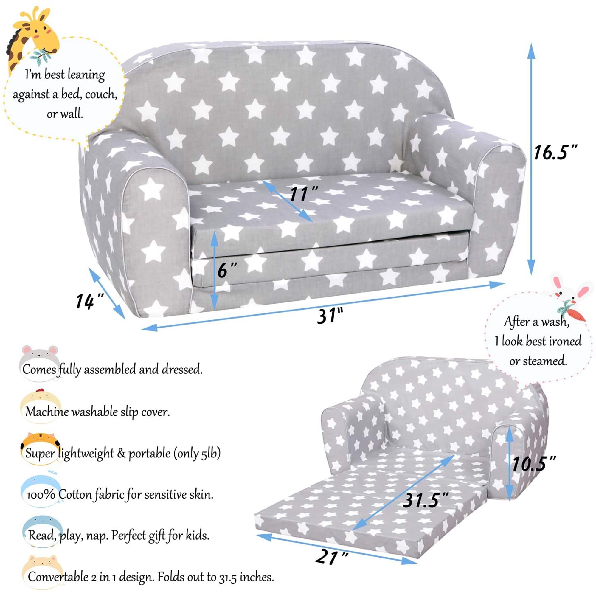 DELSIT Toddler Couch & Kids Sofa - European Made Children's 2 in 1 Flip Open Foam Double Sofa - Kids Folding Sofa, Kids Couch - Comfy fold Out Lounge (Gray with Stars) - 3