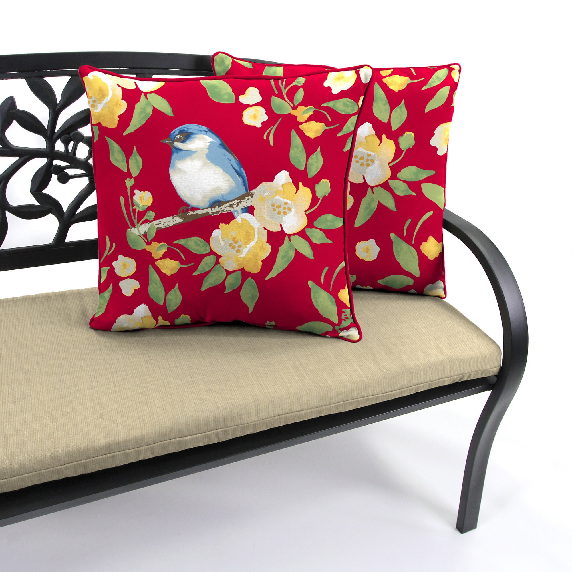 Jordan Manufacturing 16" x 16" Bluebird Red Bird and Floral Reversible Square Outdoor Throw Pillow with Welt