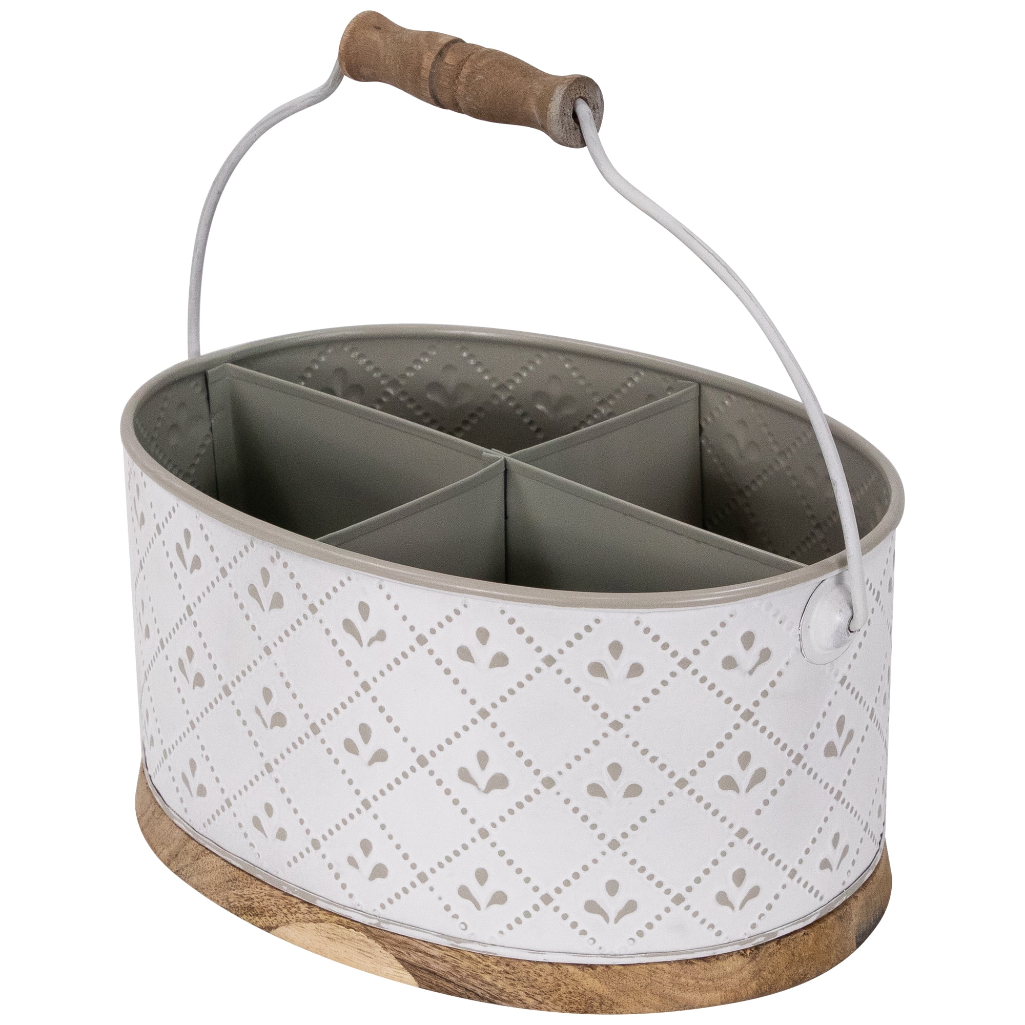 Northlight 10" White Oval Embossed Utensil Caddy with Handle and Wood Base