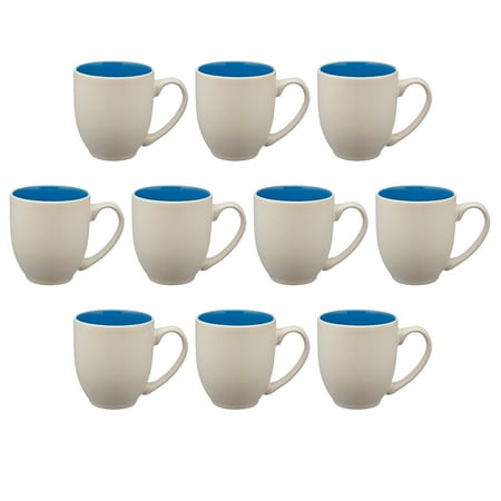 

10 Carter Creme Bistro Ceramic Mugs Set 16 oz. - Coffee Smooth Durable C-handle - Blue