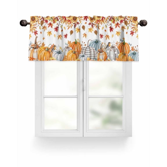 Orange Fall Thanksgiving Pumpkin Kitchen Valances for Windows Sunflower Leaves Valance Curtains for Kitchen /Living Room/Bedroom/ Bathroom Decor, 54"x18 " ,Rod Pocket 1 Panel, White