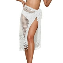 Lu's Chic Women's Hawaiian Sarong Crochet Cover Up Skirt Fringe Trendy Polyester Flowy Spandex Beach Skirt White Small-X-Large