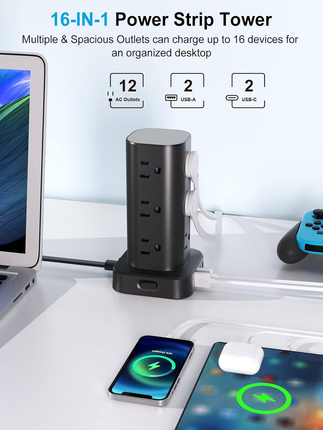 Power Strip Tower with Multiple Outlets, Flat Plug Sur Protector Tower Extension Cord with 12 AC Outlets 4 USB Ports (2 USB C), 6FT Cord Power Tower Sur Protector for Home Office Dorm Room, Black