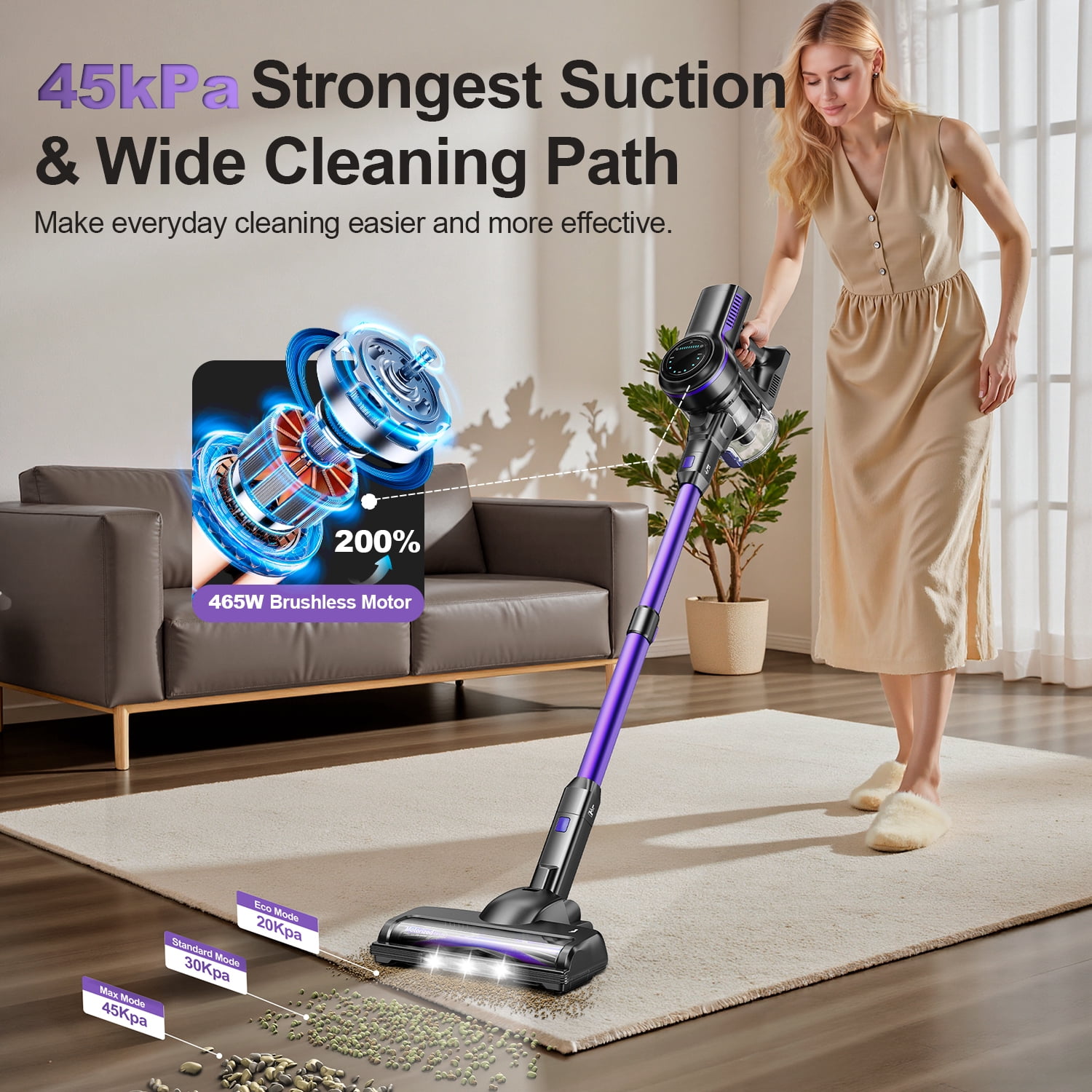 INSE 45kPa Cordless Vacuum Cleaner with Brushless Motor, 6 in 1 Stick Vacuum Lightweight for Hard Floor Carpet Pet Hair, S7P Purple