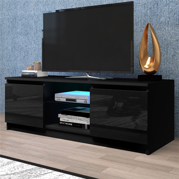 Black TV Console, SEGMART Modern TV Stand Table with LED Lights, High