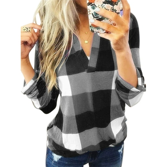 Plus Size Women Vintage Fashion Plaid Pullover Long Sleeve Top Shirt Ladies Popover V Neck Casual Loose Color Block Shirt Blouse Autumn Checked Baggy T Shirt Tops Blouse Size S-5XL