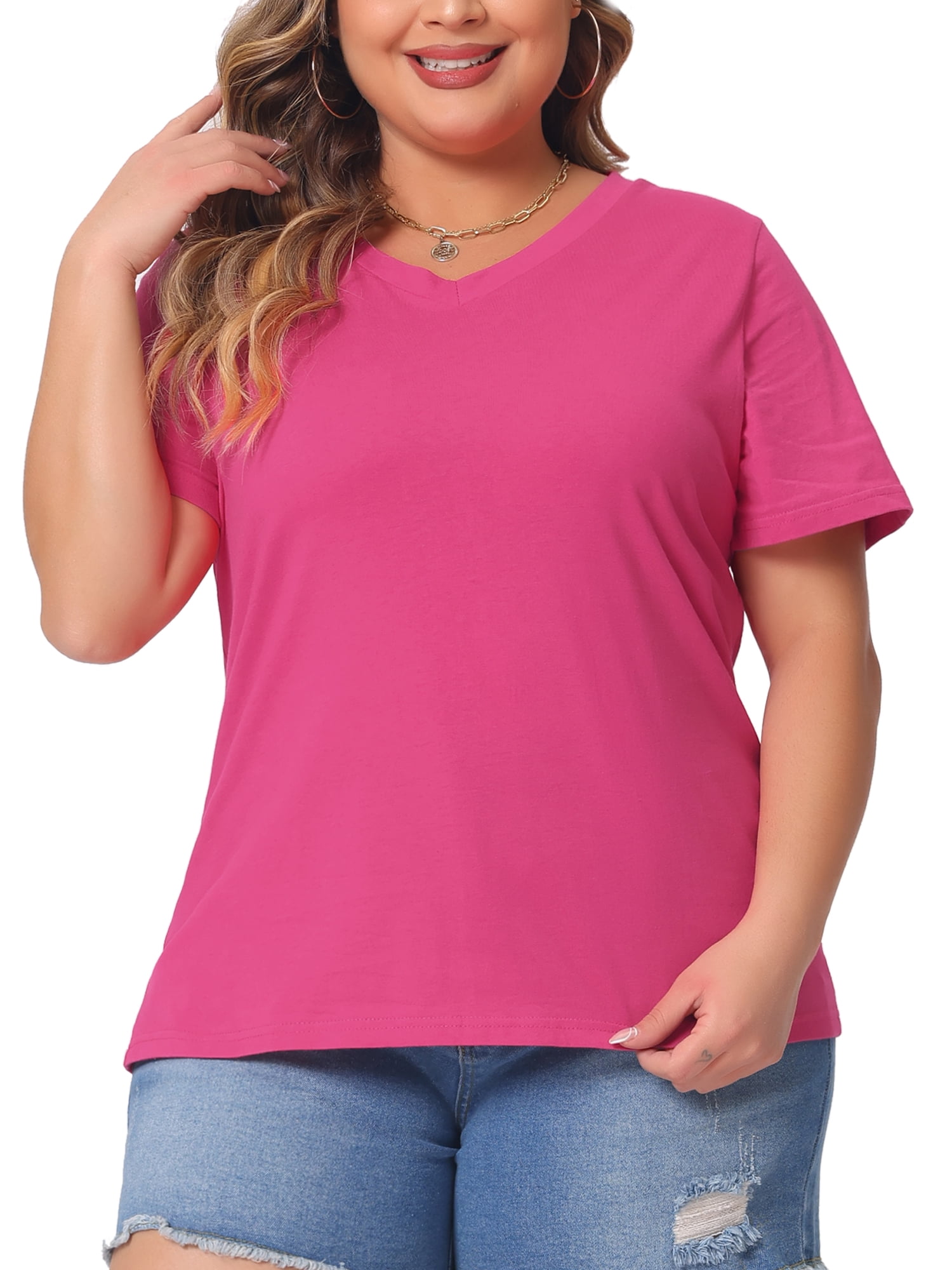 DARING DIVA Women's Plus Basic V Neck Short Sleeve Casual Tops T Shirts 3X Hot Pink