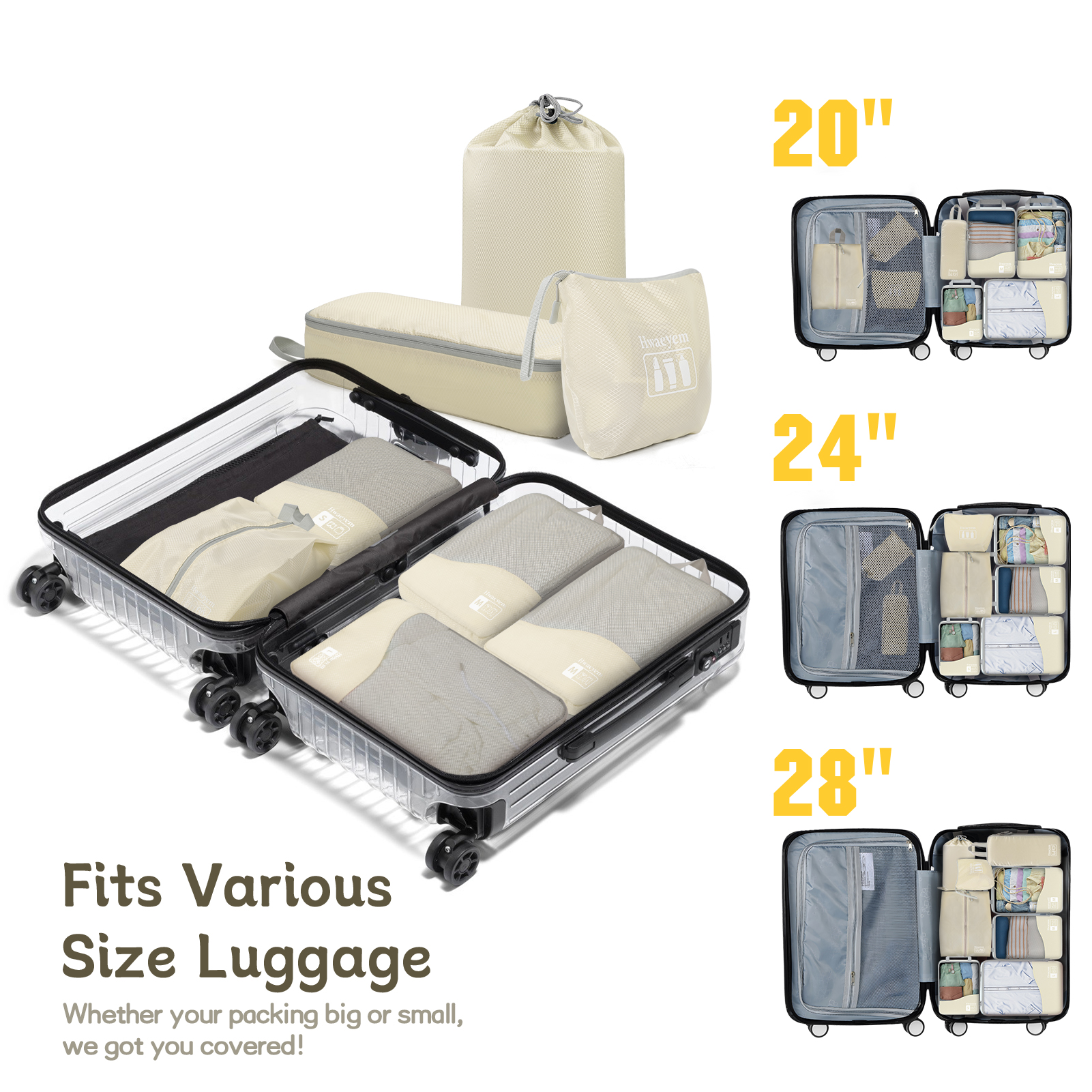 Compression Packing Cubes 8 Set, Dual Zipper Compression Packing Cubes for Travel, See-Through Mesh Packing Bags for Suitcases, packing cubes with shoe bag (Beige)