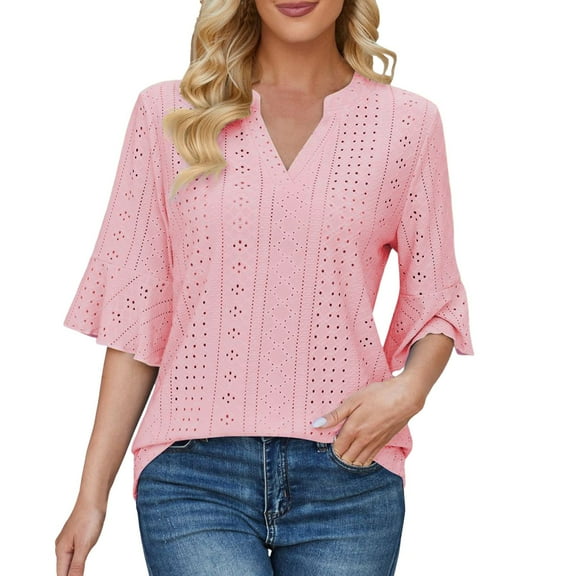 DHFJKG Women's Boho T Shirt Half Sleeve Summer Beach Hallow Out V Neck Solid Color Loose Fit Tunic Casual Tee Vacation Stylish Tops