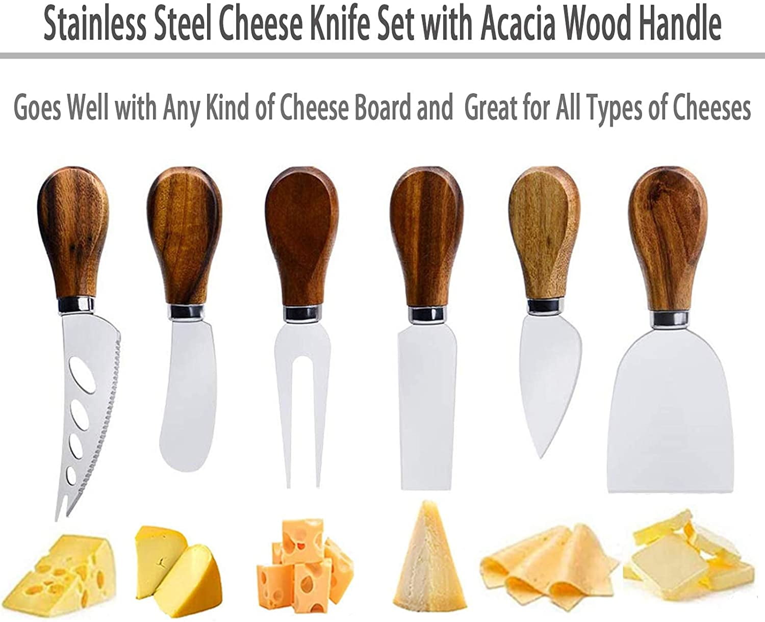 ABCISI Cheese Knives Set, 6-Piece Stainless Steel Cheese Knife Collection with Cheese Slicer Cheese Cutter Cheese Fork,Cheese Spreading Knife for Charcuterie Boards and Cutlery Gift Set
