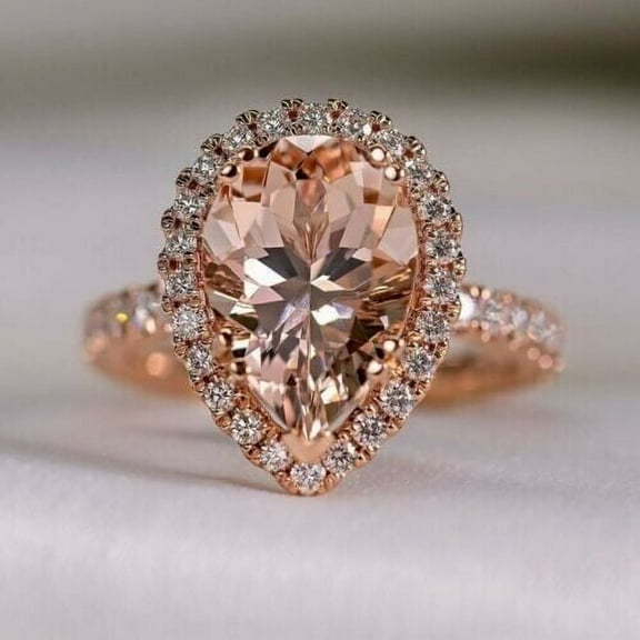 14K Rose Gold Plated Pear Cut Morganite & Halo Diamond Engagement Ring For Women