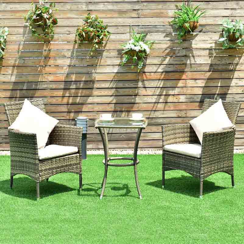 3pcs Rattan Table Chairs Set Garden W Cushions Patio Furniture Coffee