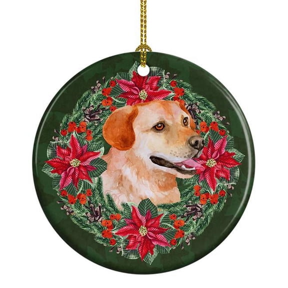 Labrador Retriever Poinsetta Wreath Ceramic Ornament 2.8 in x 2.8 in