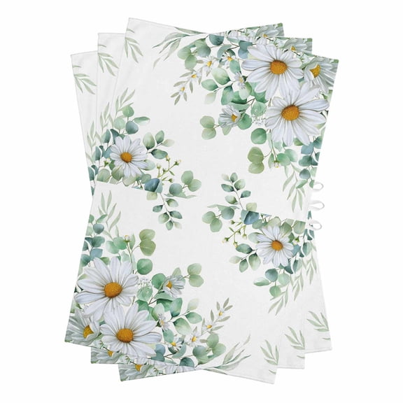 Eucalyptus Leaves Kitchen Towels Set of 3, Water Absorbent Dish Towel, Daisy Spring Floral Botanical Watercolor Decorative Hand Towels - Quick Drying Cloth for Cooking Baking, 18x28 Inch