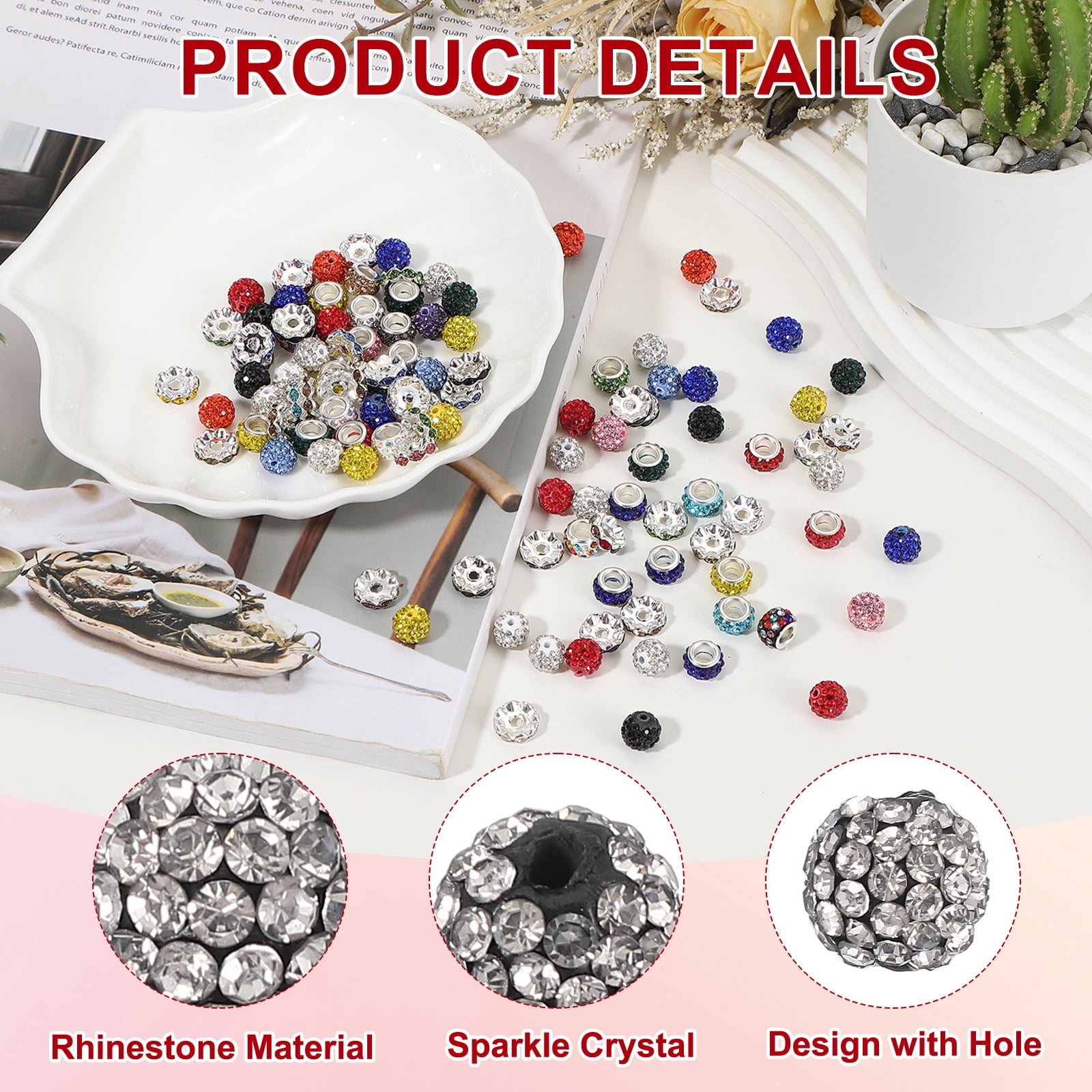 Uxcell Rhinestone Beads for Jewelry Making, Shiny Round Disco Ball Beads Black White