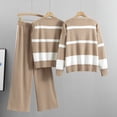 thumbnail image 2 of 3 Piece Knit Striped Sets for Women Long Sleeve Buttons Cardigans Coat and Crewneck Tank Sweater with High Waist Wide Leg Pants Suits Khaki,Free Size, 2 of 5