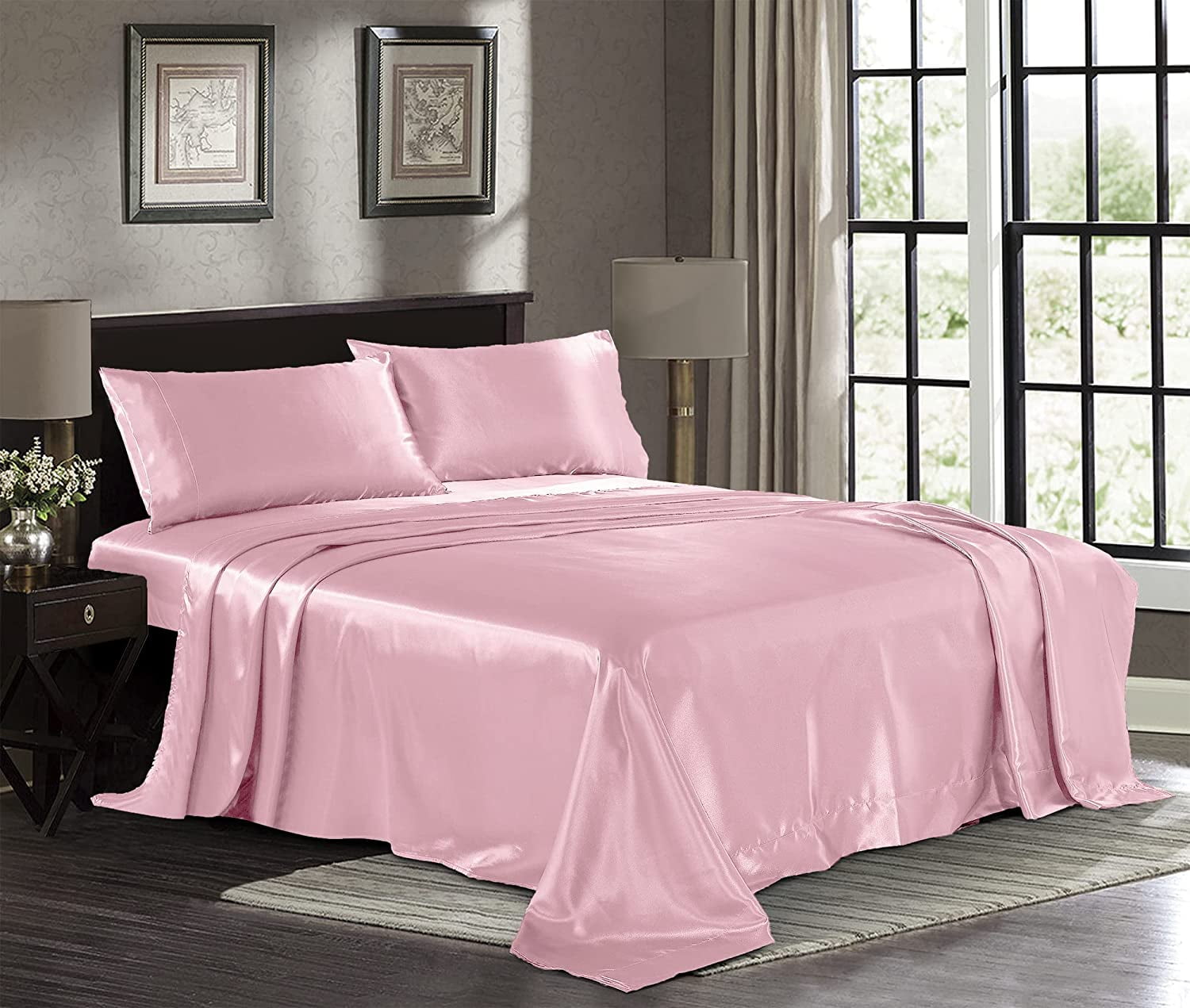 Seasonwood Pink Sheets Full Size Soft 1800 Microfiber Satin Sheet Set 4