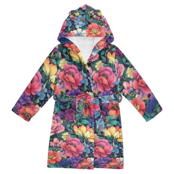FORMRS Niños Bathrobe Unisex Hooded Robe Soft Plush Pajamas Sleepwear, Size 2-3T, Ethereal Floral Harmony