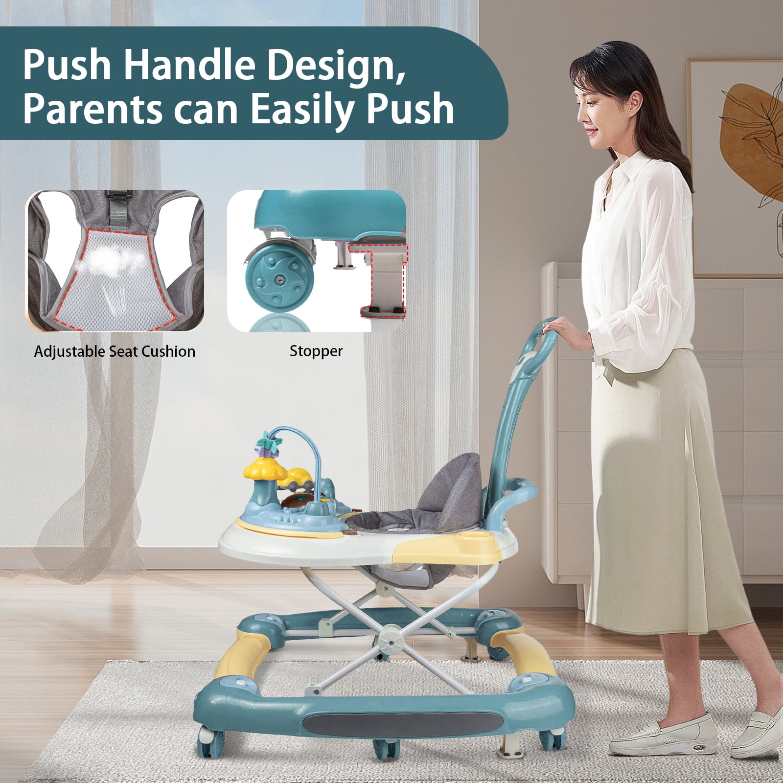 OUYI Foldable Baby Walker for Newborn & Toddler Safe - Sunshade, Foldable for Portability, Green