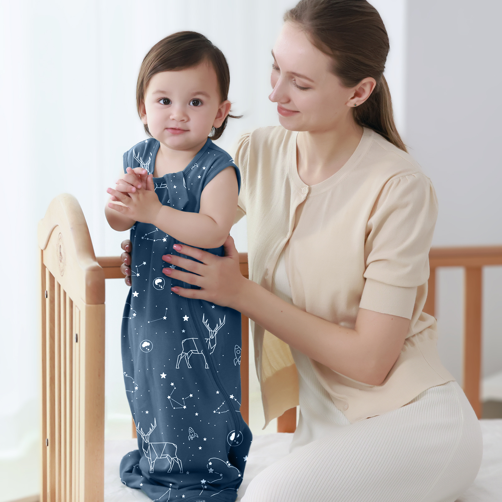 2Pcs Mosebears 0.5 Tog Baby Sleeping Bag - Cotton Summer Sleep Sack for Newborns, Boys & Girls(Plant&Blue,L(12-18 Months))