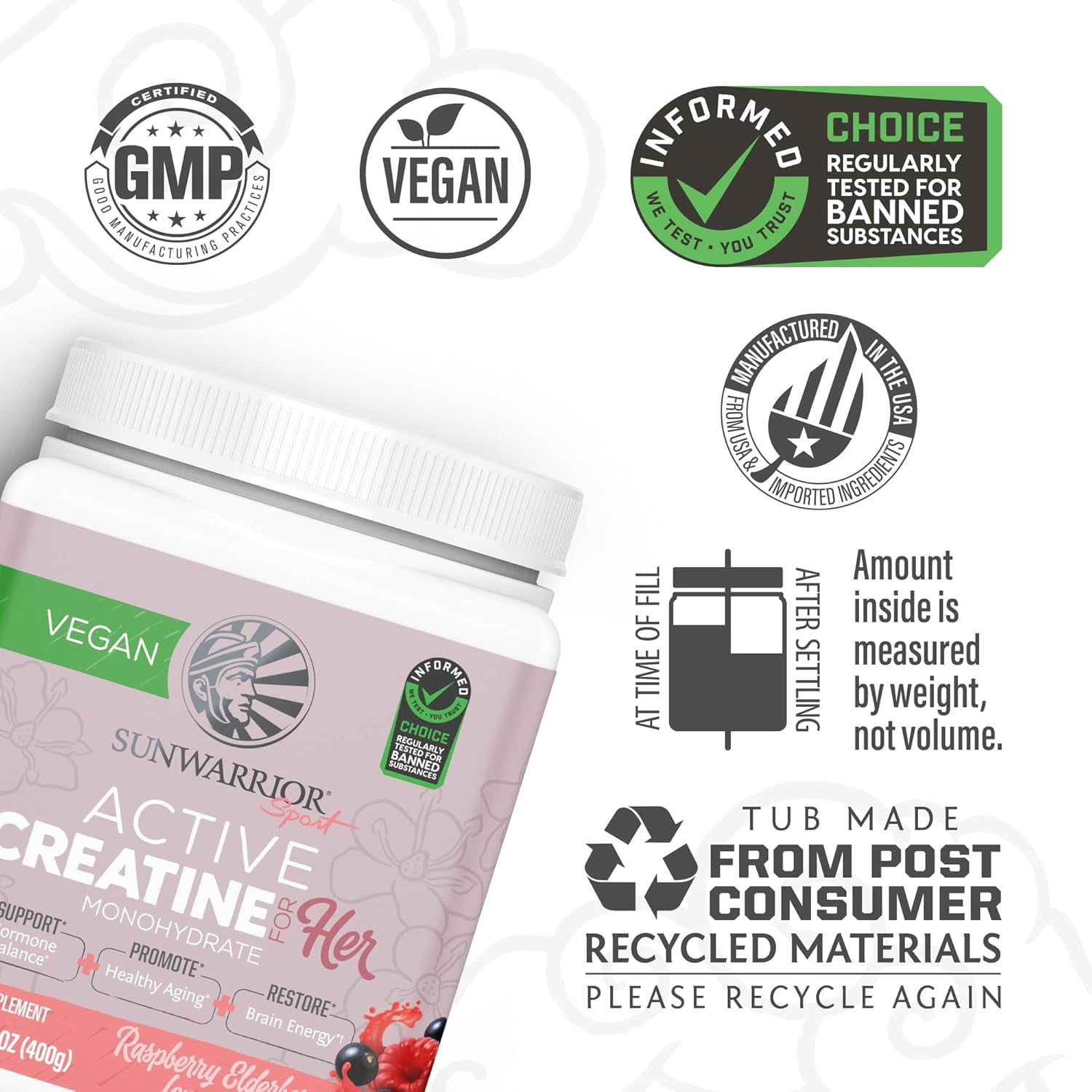 Sunwarrior Creatine Monohydrate Powder, Preworkout for Women, Vegan & Keto-Friendly, 14.1 oz