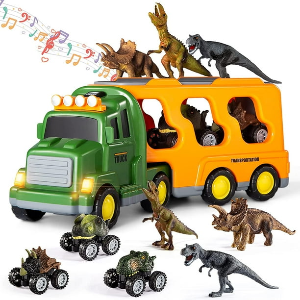 TEMI Dinosaur Truck Toys para niños de 3 a 5 años, camión transportador de coche de transporte de tiranosaurio con 8 figuras de dinosaurio, tapete de juego de actividades, huevos de dinosaurio, juego