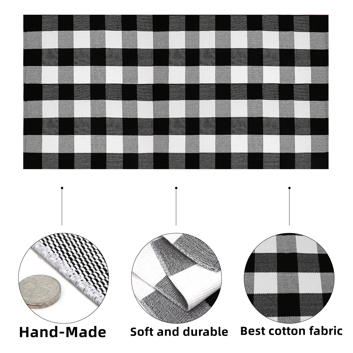 Black and White Outdoor Porch Rug, Cotton Indoor Plaid Rug, Washable Doormat for Entryway, 36"x59"