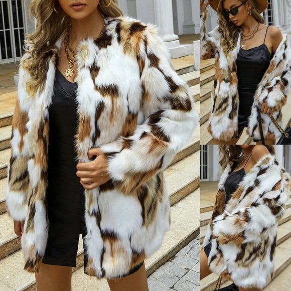 Qertyioot Women's Casual Faux Fur Coat Womens Ladies Warm Jacket Winter V-neck Print Outerwear