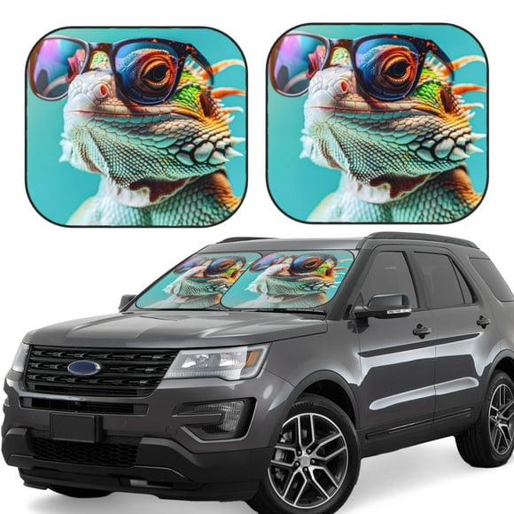 Balery Stylish Sunglasses Iguana Parasol para parabrisas de coche de 2 piezas | Parasol plegable para parabrisas delantero de coche para la mayoría de sedanes-Small
