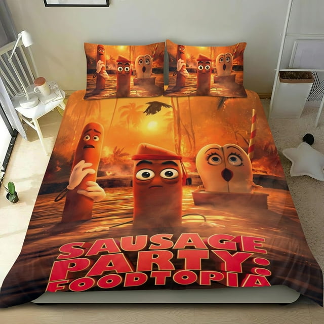 Sausage Party: Foodtopia Conjunto de sábanas temático, trío de piezas, cómodo y amigable con la piel, diseño único, regalo de decoración para el hogar para familiares, amigos y fans,173cm *218cm