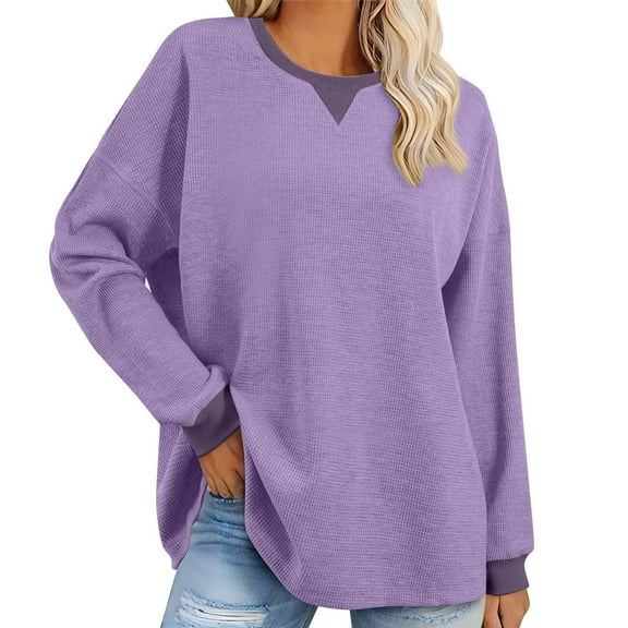 CQONEPT Waffle Tops for Womens Crewneck Long Sleeve Tunic Tops Casual Cute Trendy Pullover Tops Purple S