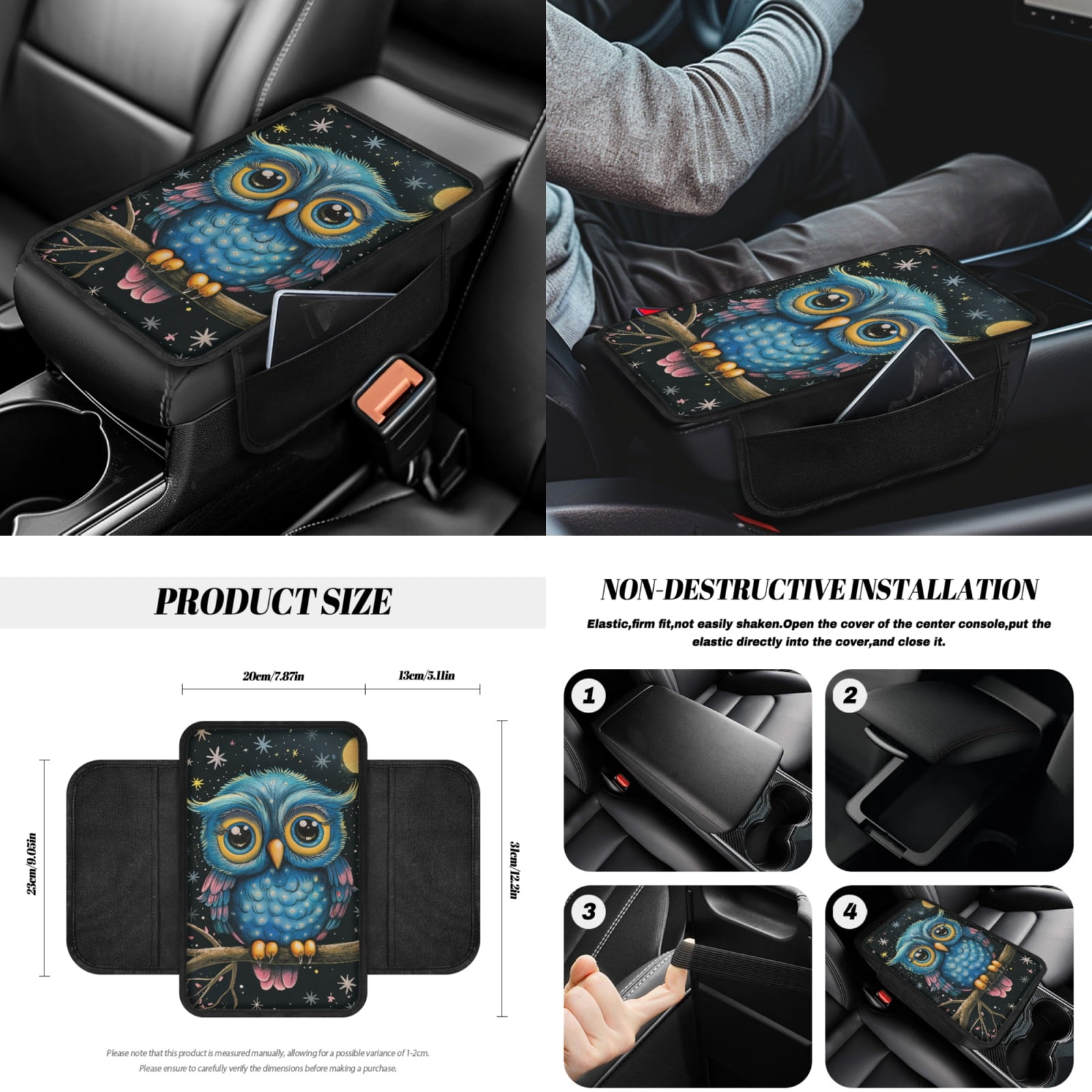 Yuyamidu Owl Car Seat Cover Full Set of 14 Cute Steering Wheel Cover Seatbelt Pads Armrest Cushion Trash Can Rearview Mirror Cover Handbrake Cover Set Coasters Auto Interior Accessories