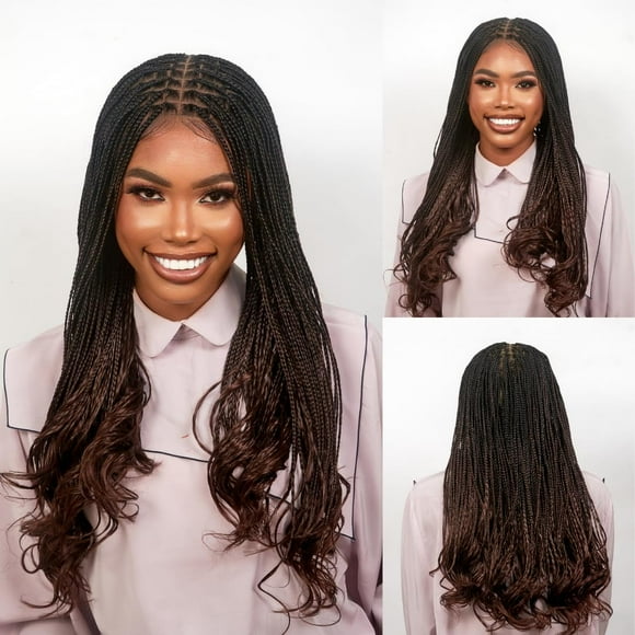 B29-Wow Braids 18" Full 360 HD Transparent Lace Front Knotless Braided French Curl Wig with Baby Hair and curly tips - Synthetic hand-made box braids wig for black women.