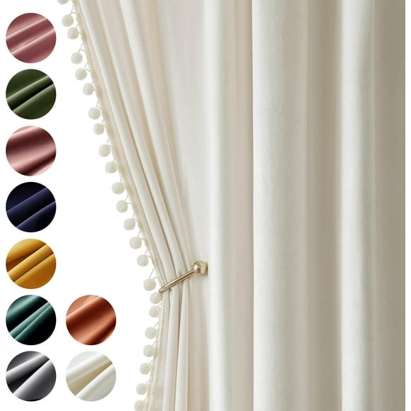 Ivory Pom Pom Velvet Curtains for Bedroom/Living Room Darkening Thermal Insulating 96 Inches Long Creamy White Blackout Curtains with Rod Pocket for Girls Room/Nursery/Home Theater Set of 2