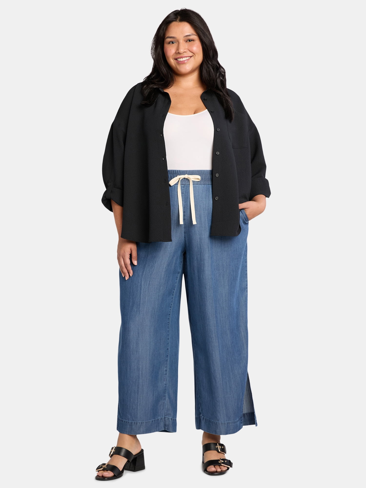 JMS Just My Size by Hanes Women's Plus Chambray Split Hem Pants, 28” Inseam, Sizes 0X-4X