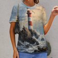 thumbnail image 6 of Lighthouse Sunrise Coast Scenery Pale Blue Tan Women's Short Sleeve Tops Casual Blouses T Shirt, 6 of 6