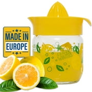 Crystalia Manuel Citrus Juicer with Glass Storage Jar, All Fruit Squeezer for Lemon Orange Lime Grapefruit Juice, Handheld Juice Press Extractor with Handle, Pour Spout and Glass Storage, Yellow