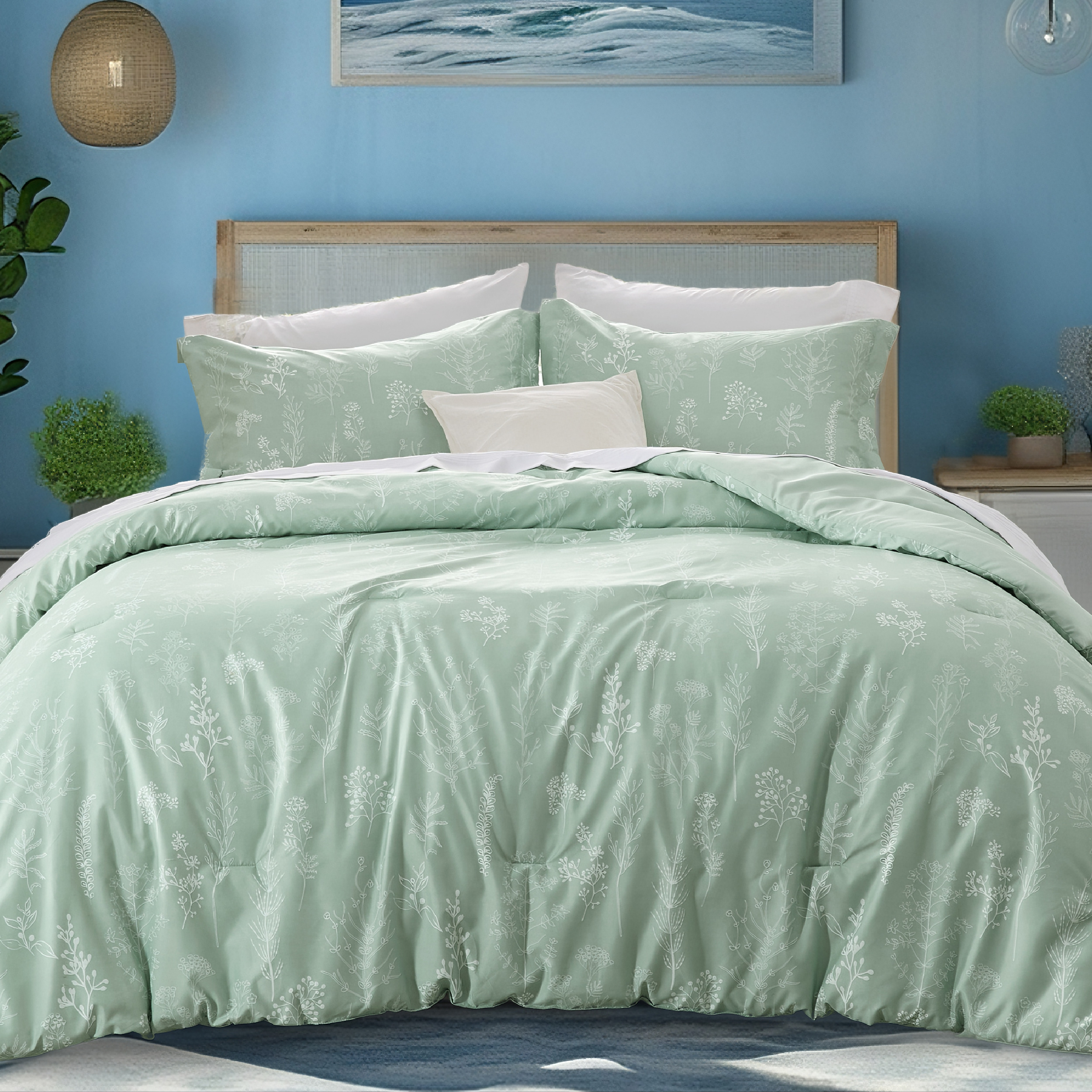 Queen Comforter Sets, 3 Pieces Sage Green Botanical Flowers Reversible Bedding Sets