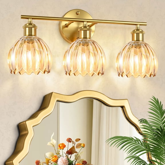 HKMGT 3-Light Gold Vanity Light with Amber Ribbed Glass, Reversible Mounting, E26 Base Wall Sconce for Bathroom & Hallway