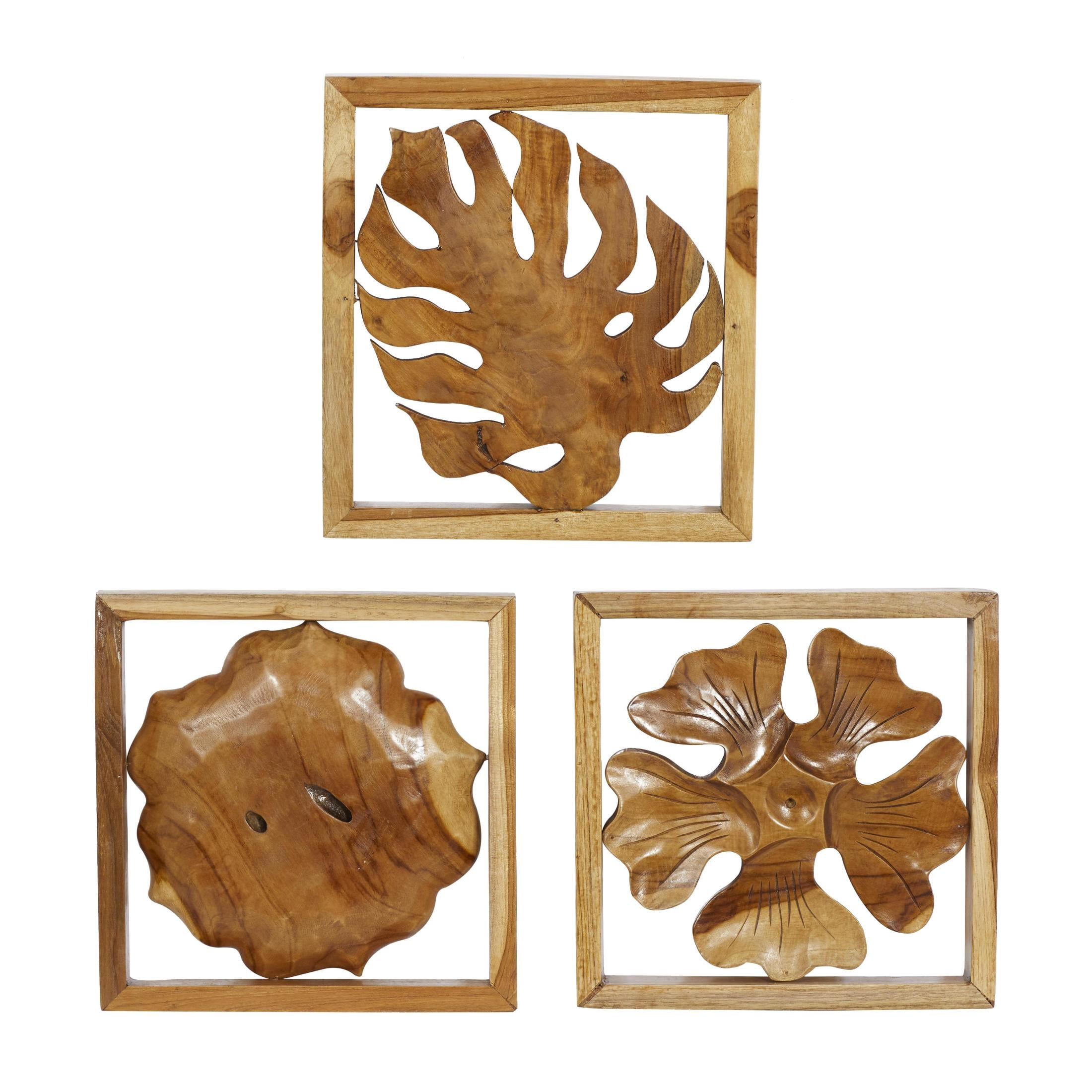 DecMode Brown Teak Wood Handmade Framed Carved Leaf and Floral Wall Decor (3 Count)