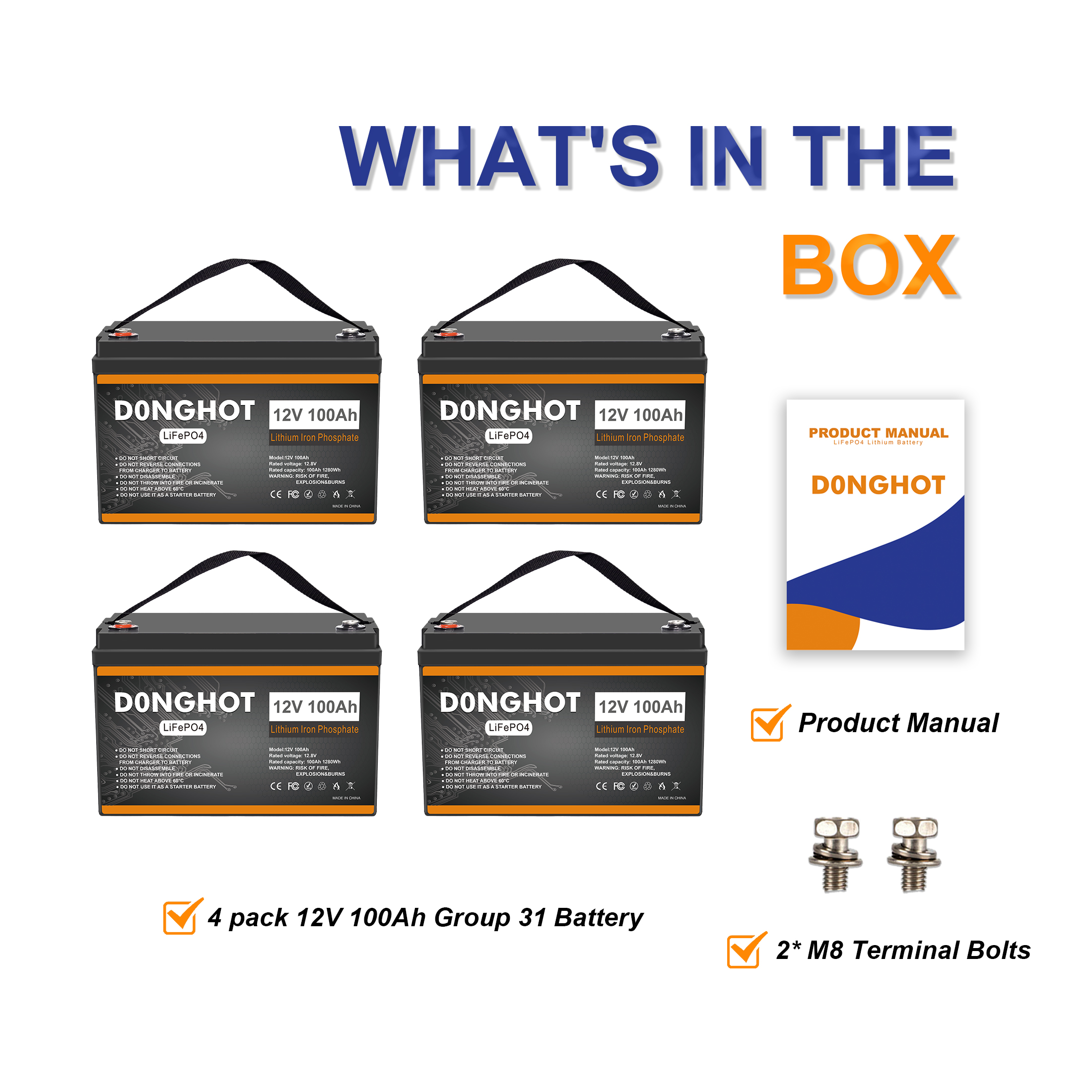D0NGHOT 4 Pack 12V 100Ah LiFePO4 Lithium Ion Battery 48V Lithium Battery for Golf Cart,RV,Solar