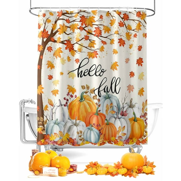Fall Shower Curtain Autumn Maple Leaf Bathroom Curtains with Hooks, Waterproof Fabric Orange Pumpkin Hello Fall Thanksgiving Bath Shower Curtains Set for Bathroom Bathtubs Decor 36x72 Inch