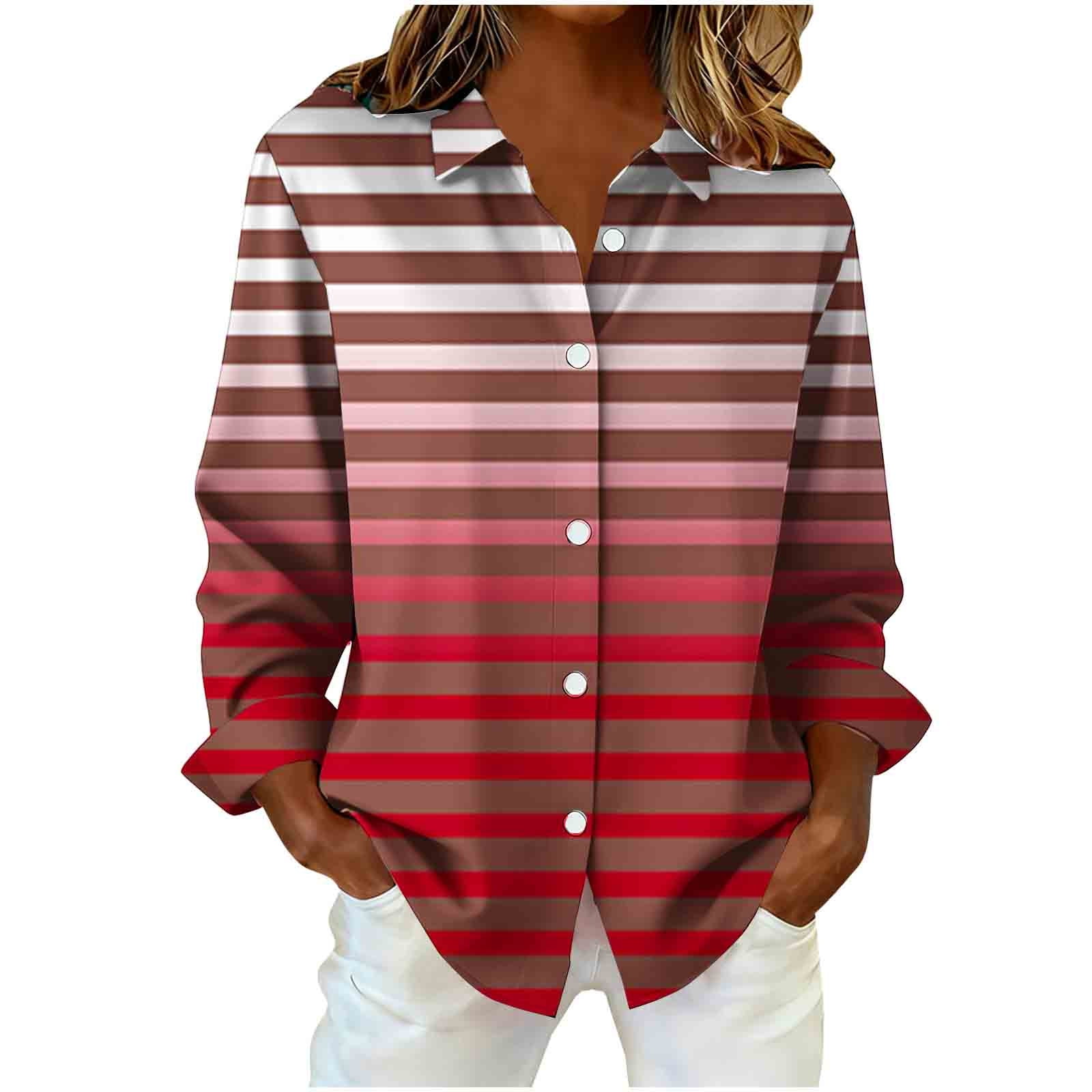 2 Pack ylioge Shirts for Women Plus Size S-5X Long Sleeve Button-Down Collared Blouses Womens Trendy Stripe Printed Breathable Hawaiian Beach Tops
