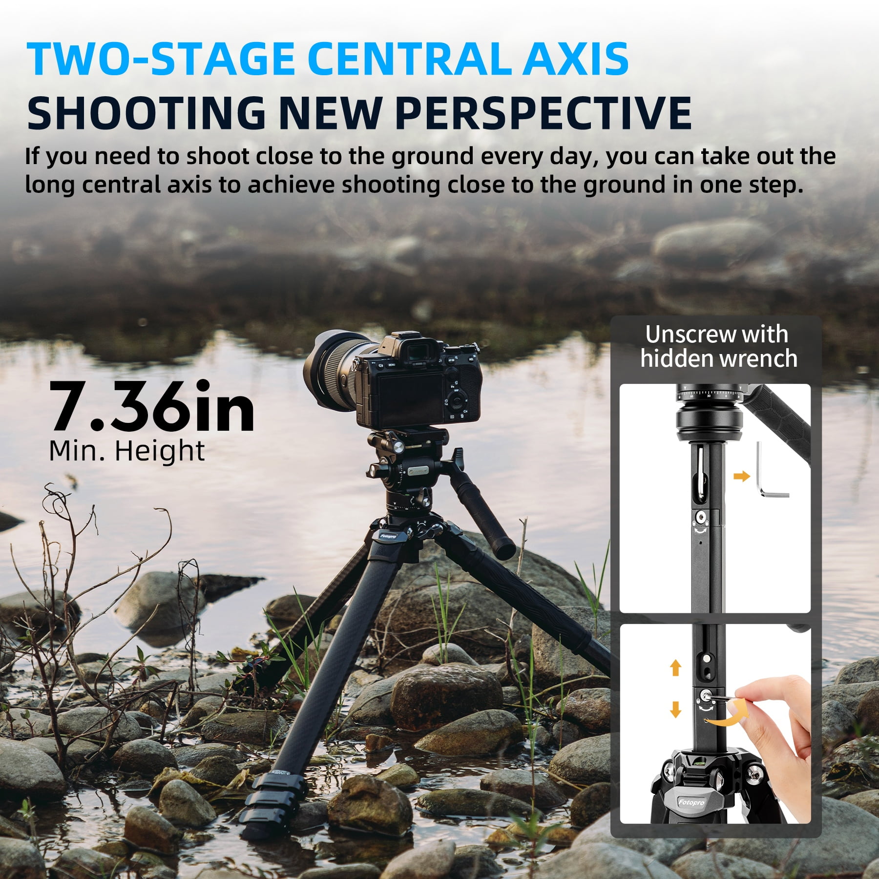 Fotopro Origin Video Tripod, Compact 60" Carbon Fiber Camera Tripod for Travel, Fluid Video Head with Quick Release Plate for SLR, Black