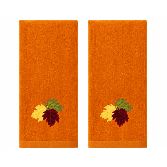 Serafina Decor Farmhouse Fall Hand Towels: Terracotta Rust Cotton Towels with Autumn Leaves of Burgundy Green and Yellow Hand Towel, 2 Piece Set
